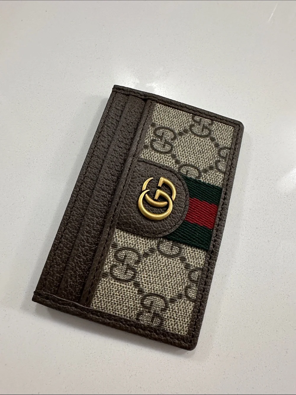 Gucci Beige GG Canvas Card Holder with Brown Leather and Red-Green Web